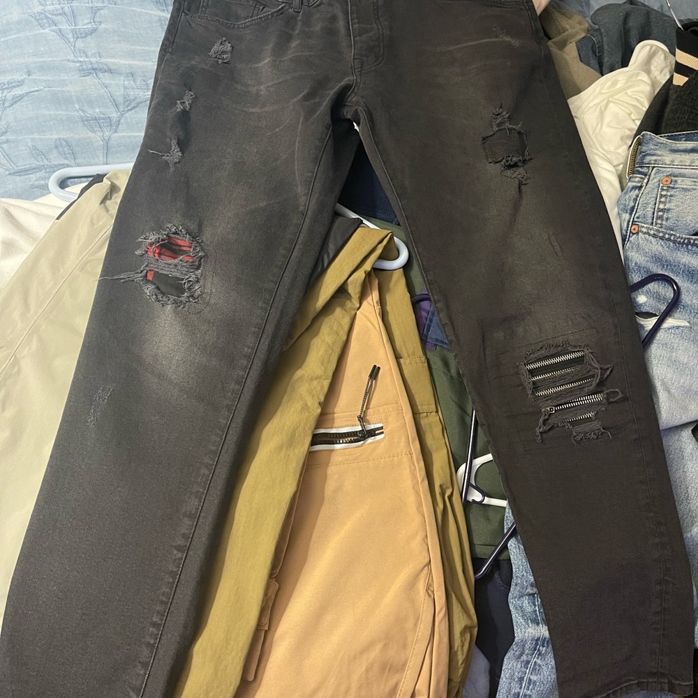 Zara Black Skinny Ripped Jeans with Red Underlay